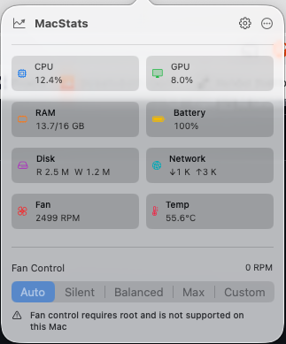 MacStats development screenshot with eight metric cards