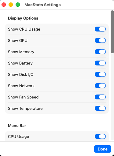 Settings window showing display options and the menu bar section