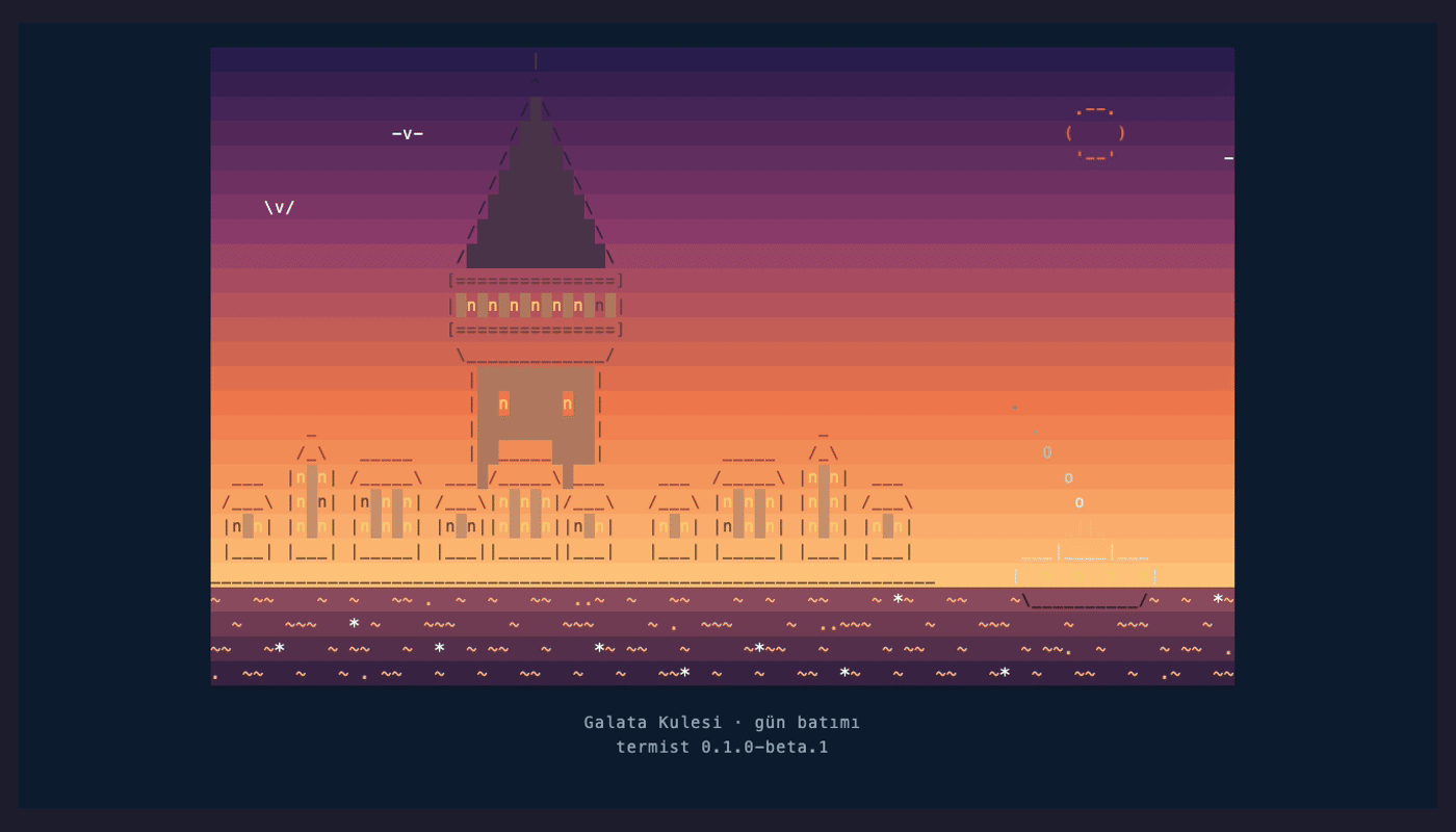 termist in a terminal: the Galata Tower at dusk for a moment, then three agents as cards, one running, one waiting for an answer, one done; the user jumps to the waiting one, answers it, starts a new task and finds a session by name.