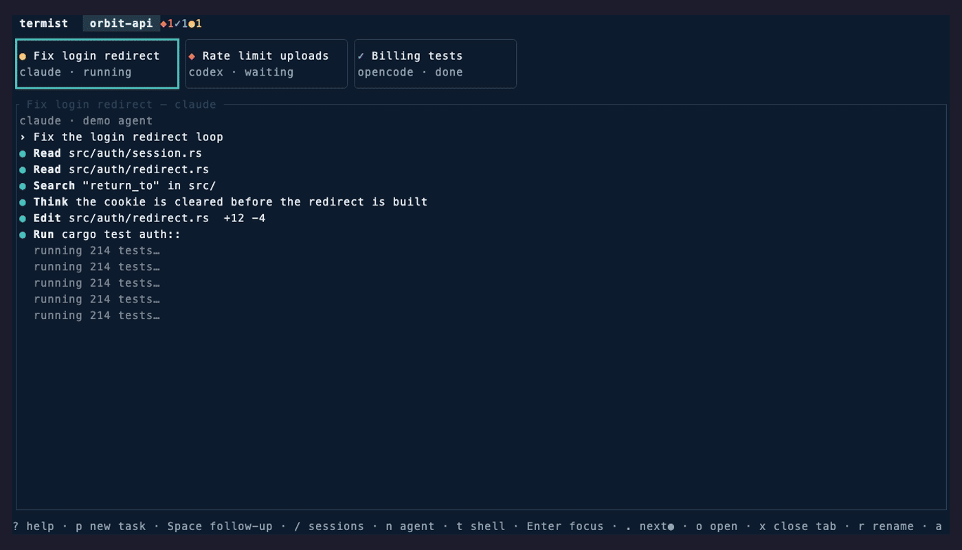 The settings screen open over three agent cards. The theme changes from Üsküdar, dark, to Moda, light, to the terminal's own colours and back to Moda, and the whole screen follows at once. Then the help opens with the Galata Tower at dusk above the list of keys.